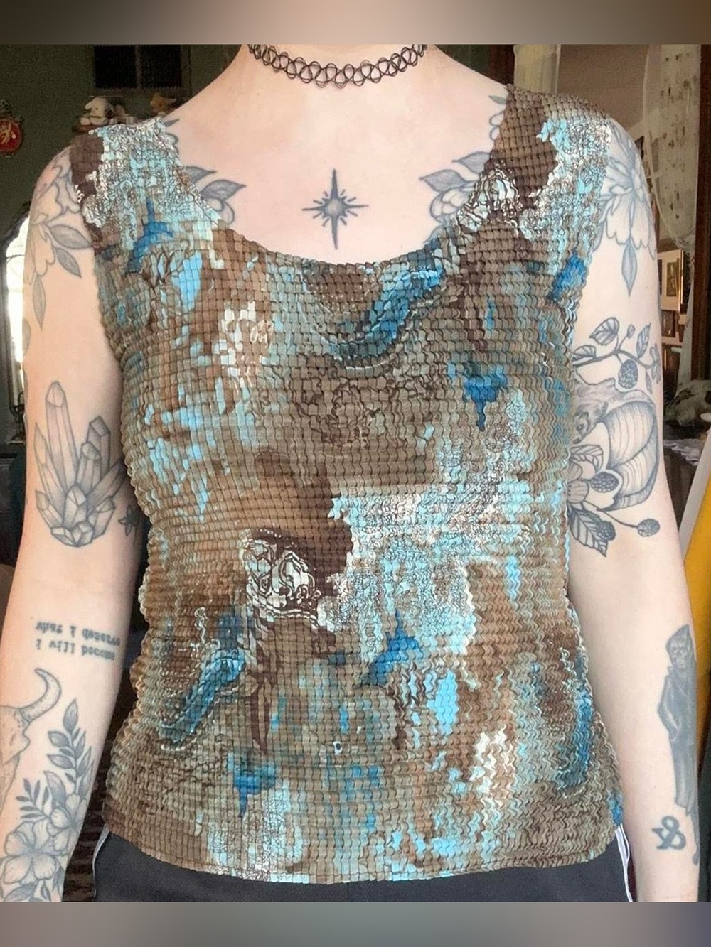 Brown & Teal Textured Tank Top